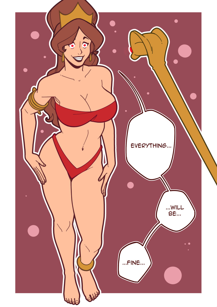 aladdin_(series) bare_legs bare_shoulders barefoot beehive_hair border bra bracelet brown_hair cara_(bewitchingcara) cleavage collarbone dialogue earrings efalabrino english_text feet female_only femsub glowing_eyes hand_on_hip happy_trance large_breasts lipstick long_hair navel original red_eyes smile solo speech_bubble staff text thong underwear