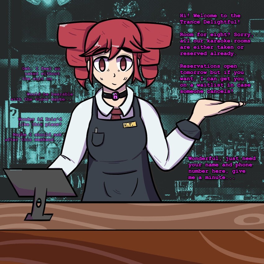 apron choker clothed complex_background drill_hair eyebrows_visible_through_hair id_card long_hair looking_at_viewer monitor red_eyes red_hair smile t-shirt teto_kasane text tie trance_break trance_delightful uniform visor vocaloid