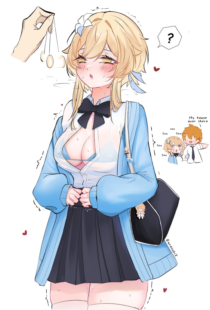 blonde_hair blush bow bow_tie bra breasts button_gap coin confused drool empty_eyes femsub flower flower_in_hair genshin_impact heart lumine_(genshin_impact) maledom open_mouth orange_hair panting pendulum pussy_juice school_uniform see-through short_hair simple_background skirt spiral_eyes sweat sweater tartaglia_(genshin_impact) trembling undressing unosaki white_background yellow_eyes