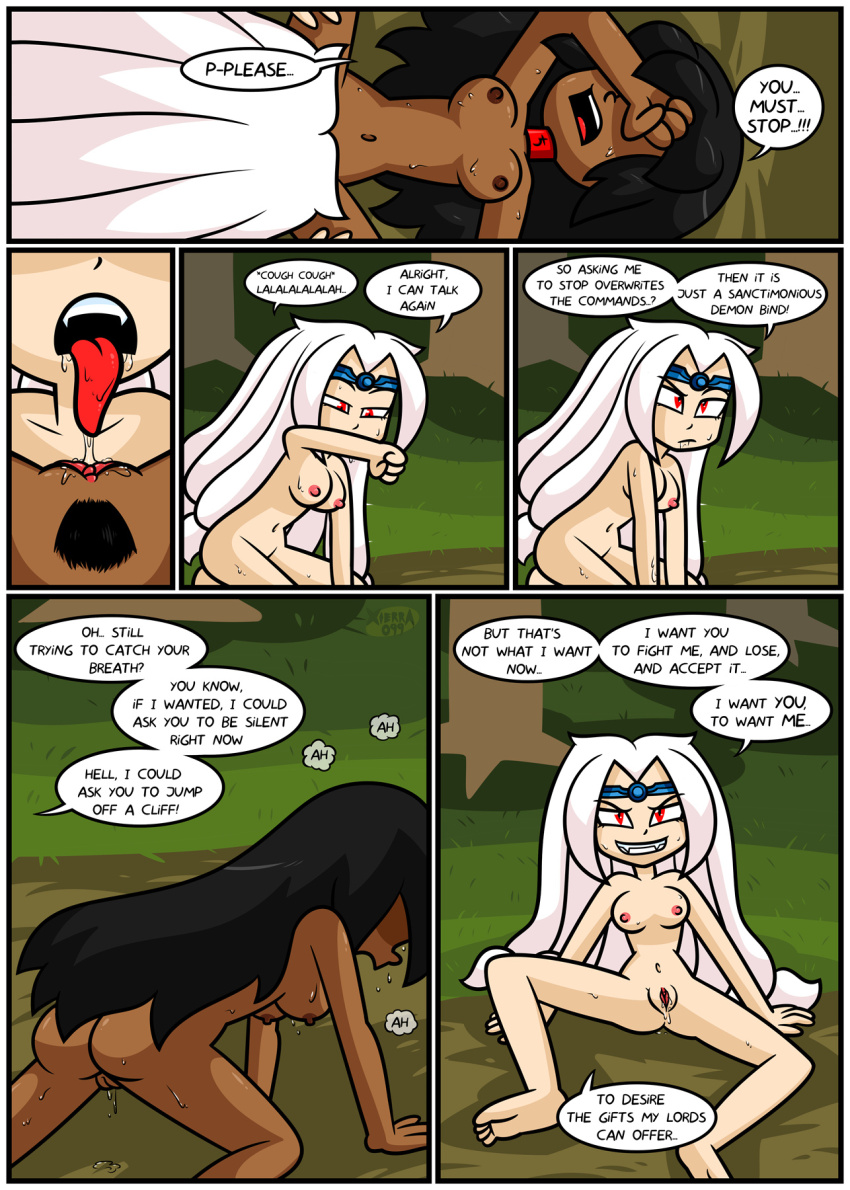 body_control caption collar comic crown cunnilingus dark_skin female_only long_hair nude nun pubic_hair pussy white_hair witch xierra099 yuri