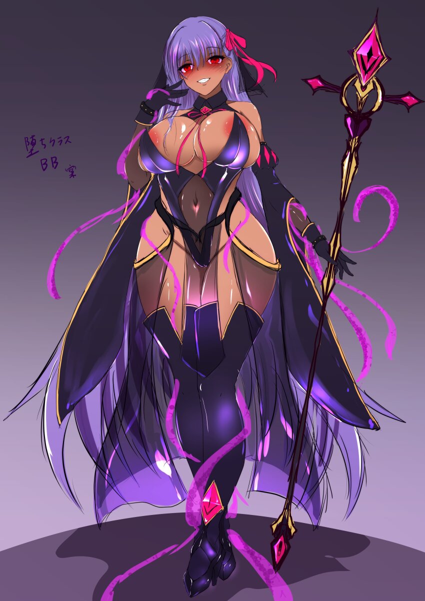 bangs bare_shoulders bb_(fate/extra_ccc) blush bow cape cleavage corruption empty_eyes evil_smile fate/extra_ccc fate_(series) female_only femsub gloves glowing gradient_background grey_background happy_trance large_breasts looking_at_viewer navel nipples opera_gloves purple_hair red_eyes ribbon see-through simple_background smile solo staff tan_skin thick_thighs thighhighs very_long_hair wide_hips yui77