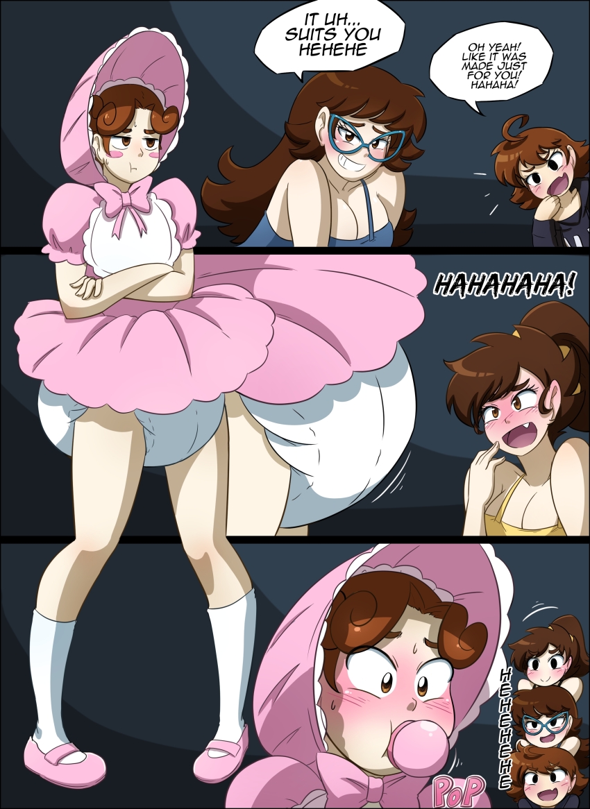 ahoge bib blush bonnet brown_hair cleavage comic diaper dress embarrassed glasses hoodie kobi94 laughing long_hair magic pacifier ponytail poofy_diaper short_hair speech_bubble text
