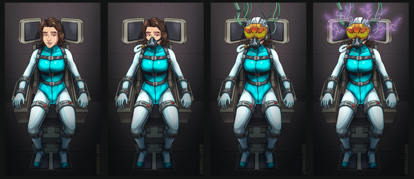 absurdres before_and_after bodysuit breasts brown_eyes brown_hair chair corruption electricity female_only femsub gas_mask helmet leotard long_hair original restrained rubber sequence shoes sitting sleepystephbot smile solo tech_control visor wires zipper