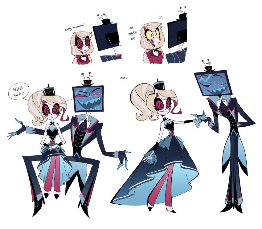 blonde_hair charlie_(hazbin_hotel) comic femsub h0t31 hazbin_hotel maledom red_eyes speech_bubble text transformation tv vox