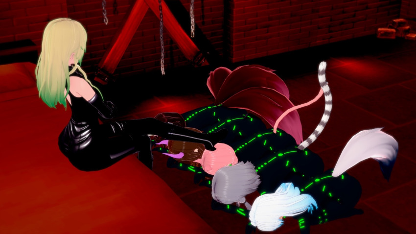 3d blake_(blakiee) blonde_hair blue_hair bodysuit brown_hair cat_boy cat_ears cat_tail demon_girl drone femboy femdom femsub fox_ears fox_futa fox_girl fox_tail glowing grey_hair high_heels horns jamie_(blakiee) kitsune_futa kitsune_girl kneeling koikatsu! latex leopard_girl liz_(blakiee) malesub milena multiple_girls multiple_subs opera_gloves original pink_hair succubus white_skin