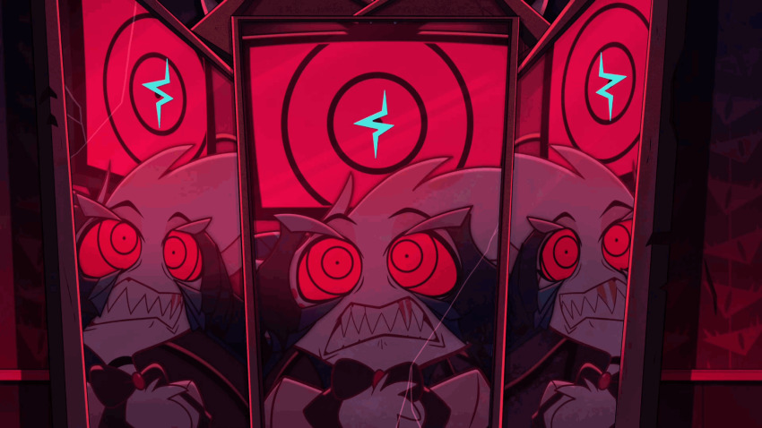 angel_dust_(hazbin_hotel) animated_gif eye_roll eyes_held_open hazbin_hotel male_only maledom malesub mirror ring_eyes screencast spoilers vox