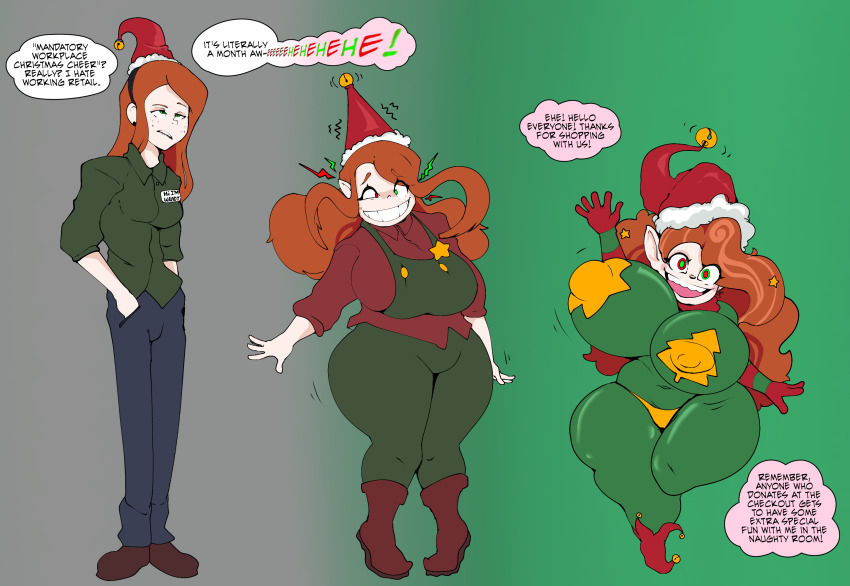 antenna ass_expansion bodysuit boots breast_expansion christmas dialogue elf elf_ears erect_nipples_under_clothes faetomi femsub forced_employee gravity_falls green_eyes hair_growth hat heterochromia huge_breasts hypnotic_clothing kaa_eyes latex long_hair multicolored_eyes navel open_mouth pants pasties red_eyes red_hair santa_hat sharp_teeth shirt shortstack shrinking smile speech_bubble tagme text transformation very_long_hair wendy_corduroy wide_hips