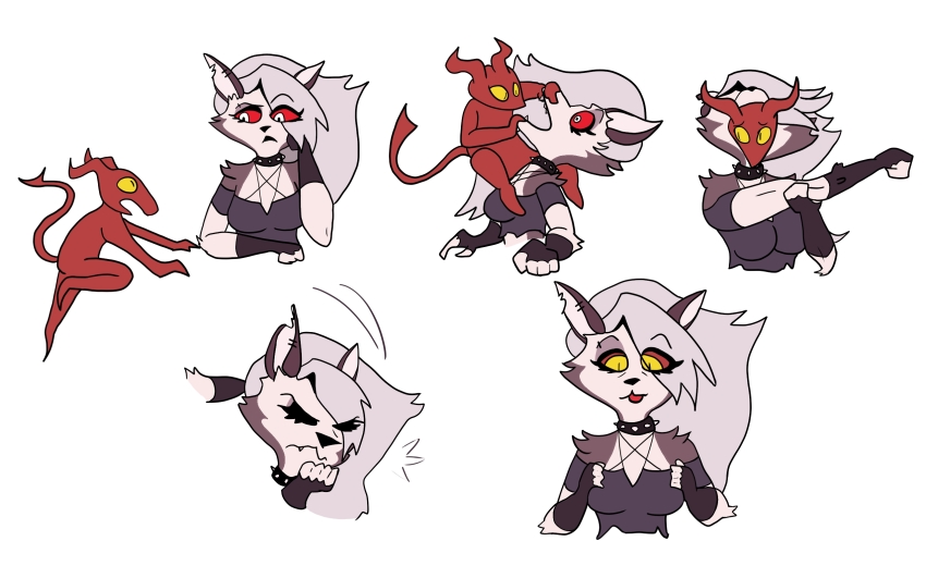 bare_shoulders breast_fondling breasts character_request closed_eyes eye_color_change femsub fingerless_gloves furry gloves helluva_boss horns imp loona_(helluva_boss) maledom open_mouth possession red_sclera red_skin renamuncher sequence simple_background story tail tongue tongue_out white_background wolf_girl yellow_sclera