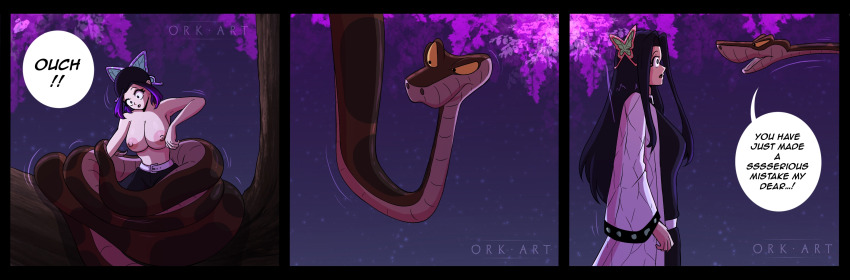 black_hair breasts butterfly comic confused demon_slayer disney english_text hair_ornament kaa kanae_kocho multiple_girls multiple_views nipples orkart outdoors purple_hair shinobu_kocho signature sitting snake text the_jungle_book topless trees