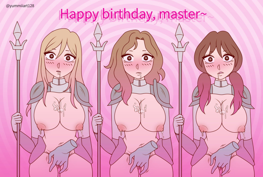 armor black_eyes blonde_hair blush bottomless breasts brown_hair character_request cleavage clothed_exposure dialogue drool english_text femsub fingering harem lactation large_breasts long_hair maledom multiple_girls multiple_subs nipples original phantom_hand pink_hair spear spiral spiral_background spiral_eyes standing standing_at_attention text vaginal weapon yumiiart