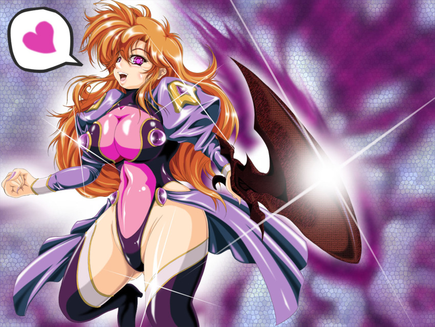 boots breasts chris_(langrisser) corruption esitoyo femsub happy_trance langrisser large_breasts long_hair orange_hair pink_eyes ring_eyes sword thigh_boots thighhighs