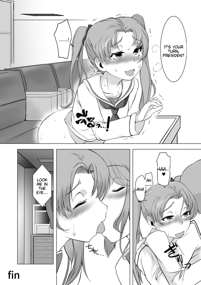 blush comic eljimadooor english_text femsub futadom futanari girls_und_panzer greyscale hard_translated kissing miho_nishizumi right_to_left school_uniform shin_kawasaki text translated twintails yuzu_koyama