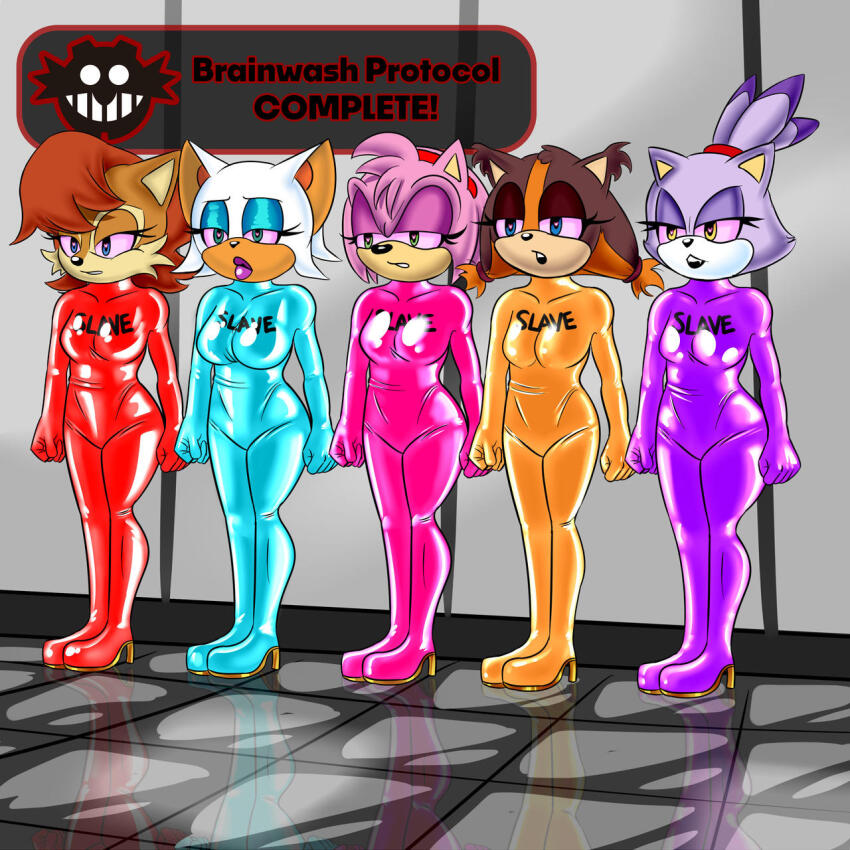 altered_common_sense amy_rose animal_ears badger_girl bat_girl blaze_the_cat bodysuit brain_drain cat_girl chipmunk_girl dronification empty_eyes english_text environmental_text expressionless femsub heart_eyes hedgehog_girl lipstick rouge_the_bat sally_acorn sonic_the_hedgehog_(series) standing_at_attention sticks_the_badger tech_control text tongue_out
