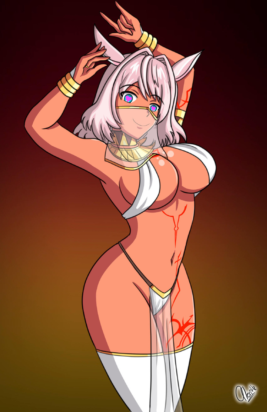 alerith alternate_costume arms_above_head body_markings bracelet breasts caenis_(fate) command_seal dancer dancing dark_skin fate/grand_order fate_(series) femsub harem_outfit heart heart_eyes jewelry large_breasts long_hair looking_at_viewer midriff navel non-binary_sub pink_hair solo symbol_in_eyes thick_thighs thighhighs thighs veil