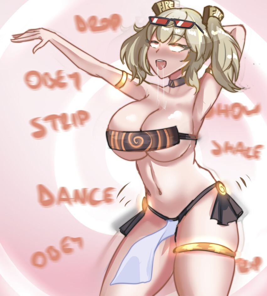 armpits bare_legs bare_shoulders blonde_hair bra bracelet burnice_white_(zenless_zone_zero) choker cleavage collarbone dancer dancing drool eyebrows_visible_through_hair female_only femsub glowing glowing_eyes happy_trance harem_outfit huge_breasts hypnotic_accessory jewelry large_breasts mantra midriff navel open_mouth see-through short_skirt sideboob smeef solo spiral spiral_background sunglasses text thick_thighs tongue twintails underboob yellow_eyes zenless_zone_zero