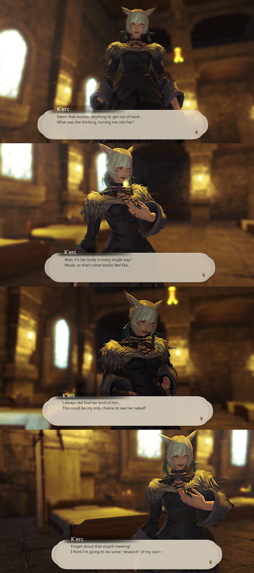 3d angry bed breast_fondling breast_grab breasts dialogue english_text evil_smile facial_markings femsub final_fantasy final_fantasy_xiv hand_on_hip holding_breasts hypnokerc kerc_(hypnokerc) miqo&#039;te short_hair smile square_enix standing surprised table text transformation transgender twinning white_hair y&#039;shtola