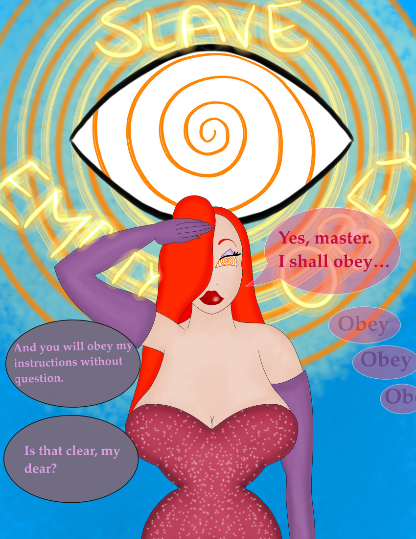 biker_mice_from_mars eyemore gloves gotureye huge_breasts huge_hips huge_lips jessica_rabbit red_dress red_hair red_lipstick speech_bubble spiral_background spiral_eyes who_framed_roger_rabbit