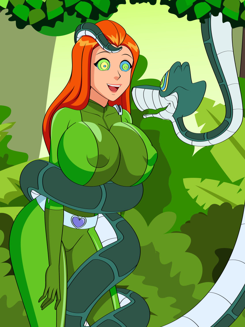 absurdres bodysuit breasts coils disney erect_nipples_under_clothes femsub happy_trance huge_breasts jimryu jungle kaa kaa_eyes long_hair open_mouth orange_hair sam slouching snake the_jungle_book totally_spies