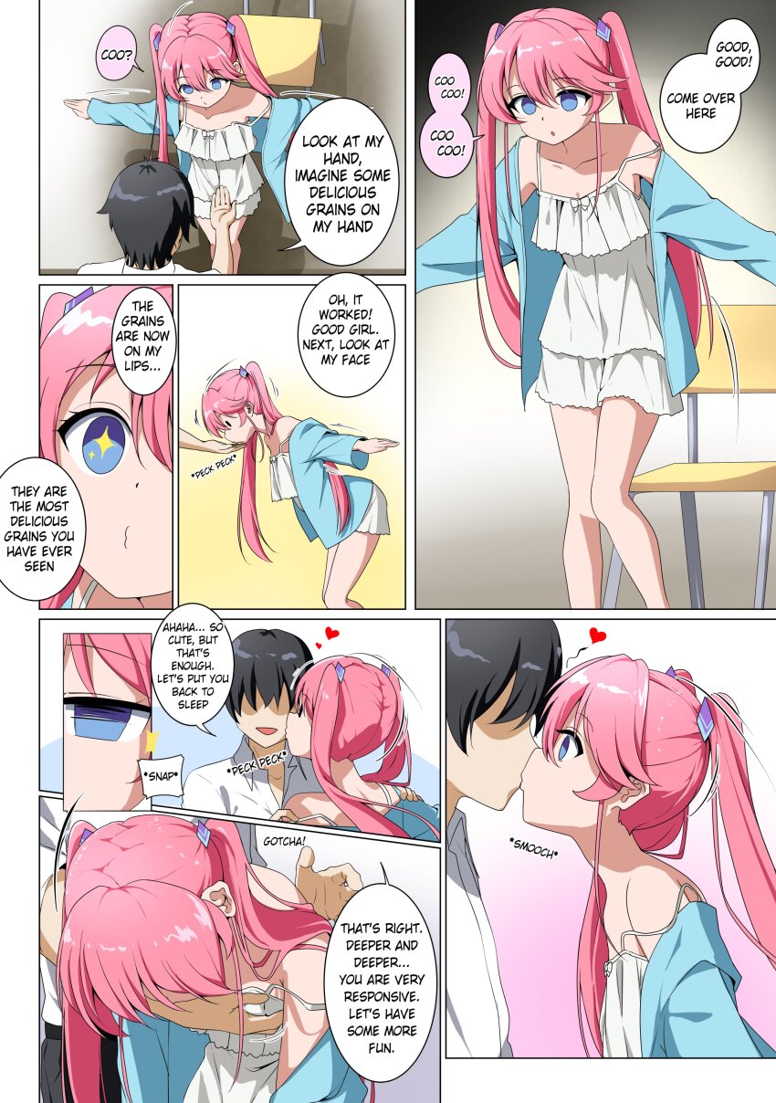 chair comic empty_eyes etlabsotwe femsub groping kissing maledom ouka_shiunji pet_play pink_hair sleep_command sleeping text the_shiunji_family_children traditional_hypnosis twintails