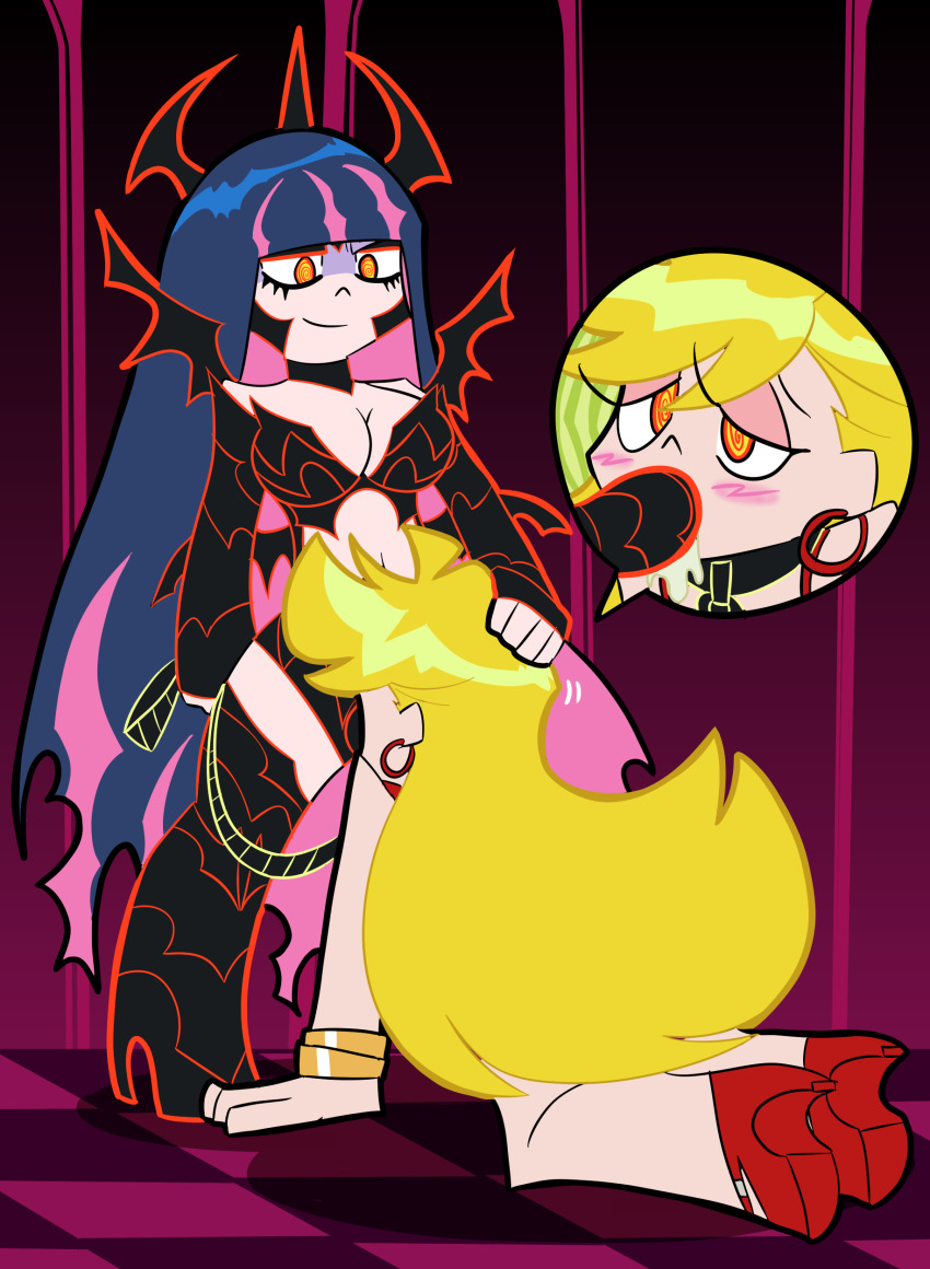 all_fours alternate_costume blonde_hair breasts cleavage corruption dress earrings female_only femdom femsub hand_on_head high_heels horns hypnotized_dom hypnotized_hypnotist hypnotized_rapist incest kneeling maggotmike midriff navel panty panty_and_stocking_with_garterbelt purple_hair simulated_fellatio sisters speech_bubble spiralwash_eyes standing stocking strap-on very_long_hair wings yuri