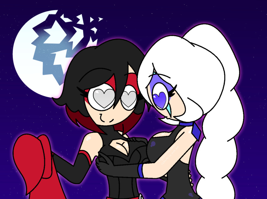 aged_up alternate_costume aura bare_shoulders belt blue_eyes braid breast_fondling charm_(spell) cleavage_cutout earrings eyebrows_visible_through_hair eyelashes eyeshadow female_only femsub fingerless_gloves goth grey_eyes happy_trance heart_eyes hypnoscream large_breasts leotard long_hair multicolored_hair opera_gloves ruby_rose rwby scar shiny_skin short_hair side_ponytail simple_background smile sub_on_sub undressing weiss_schnee white_hair yuri