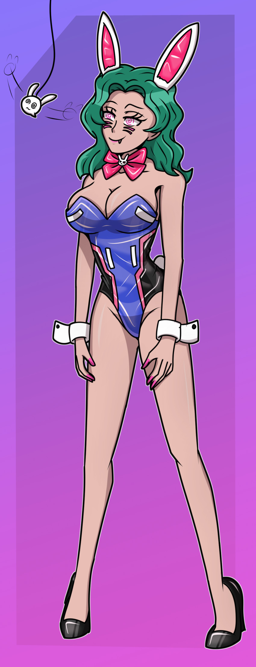 absurdres bare_legs bow_tie bunny_ears bunny_girl bunnysuit cleavage clothed collarbone cosplay cuffs d.va drool face_paint fake_animal_ears female_only femsub gradient_background high_heels hy2300 large_breasts leaning_forward long_hair long_nails nail_polish overwatch pendulum sailor_moon_(series) sailor_neptune simple_background smile solo spiral_eyes standing symbol_in_eyes