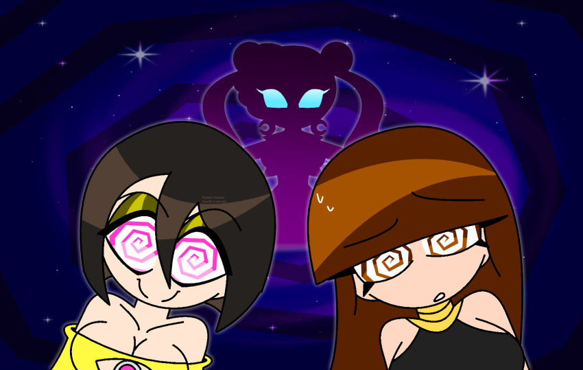 aged_up aura bare_shoulders black_hair blue_eyes breasts brown_hair charlotte_emily cleavage clothed crossover dress eyeshadow female_only femdom femsub five_nights_at_freddy's happy_trance hypnoscream large_breasts little_nightmares long_hair looking_at_viewer makeup purification sailor_moon sailor_moon_(series) short_hair six smile sparkle spiral_background spiralwash_eyes story sweat twintails