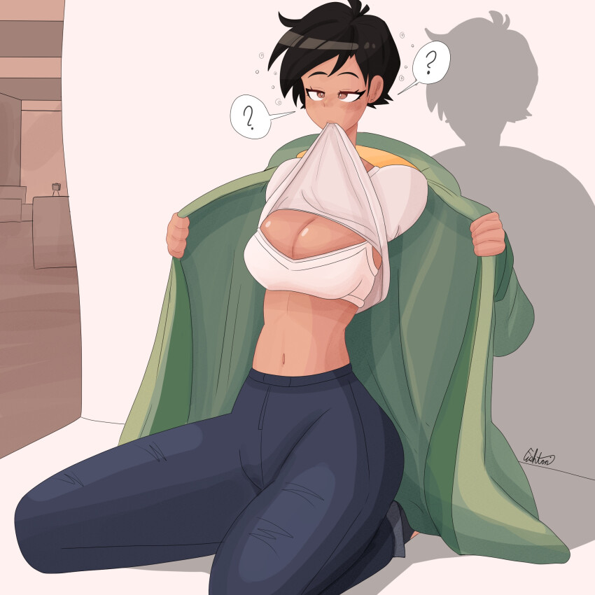 a_singular_fish ahoge black_hair bra breasts brown_eyes confused dc_comics earrings female_only femsub jacket kneeling large_breasts lois_lane my_adventures_with_superman navel pants posing shirt shirt_lift short_hair sitting solo spiral superman_(series) undressing wide_hips