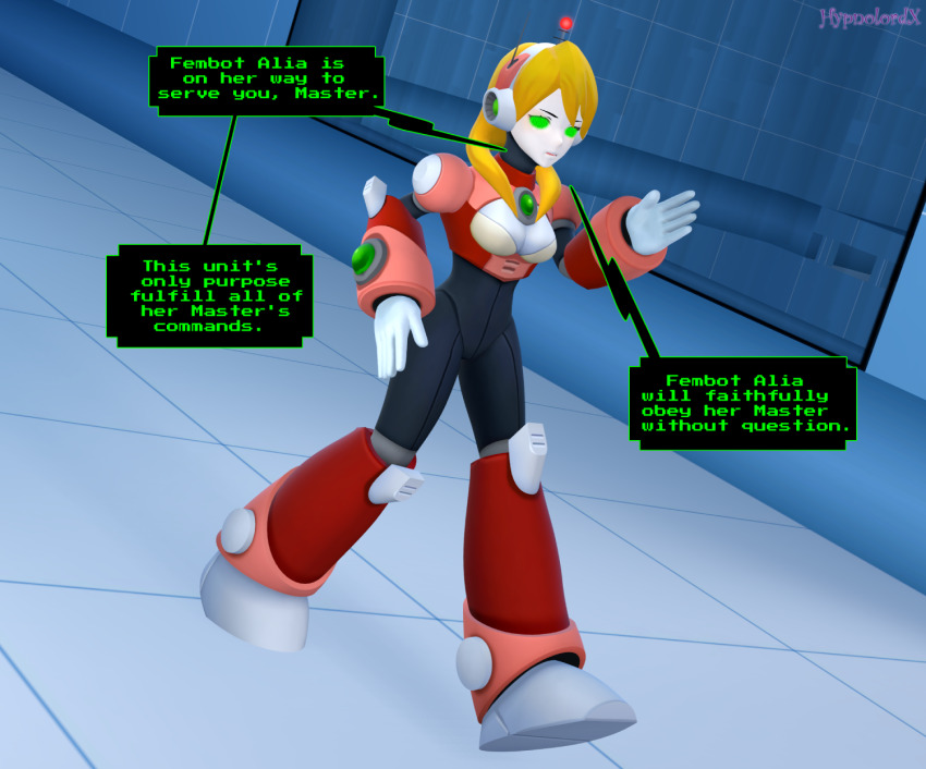 alia antenna blonde_hair dialogue fembot femsub hypnolordx large_breasts long_hair megaman_(series) megaman_x_(series) spiral_eyes tech_control text