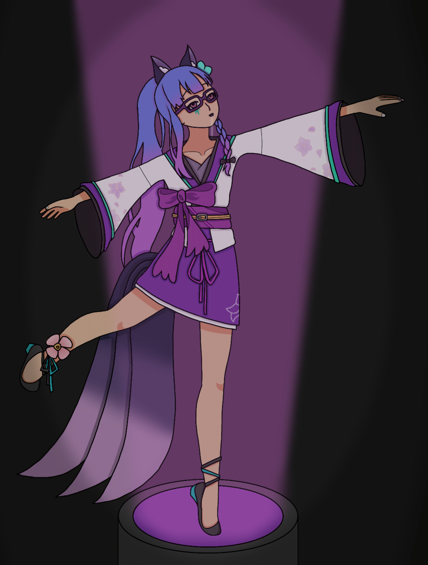 absurdres ballerina blitz_(sleepylunahypno) blue_hair clothed dancing drool empty_eyes esbypno glasses kitsune_girl non-binary non-binary_sub open_mouth original pink_eyes ponytail standing tan_skin