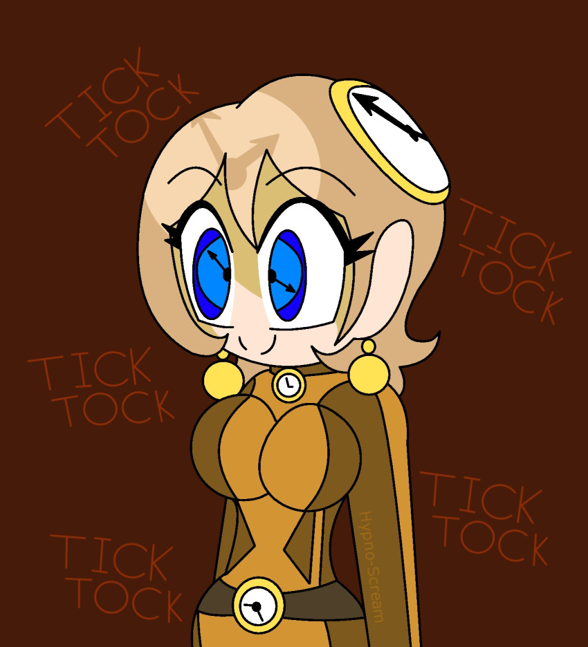 belt bodysuit brown_background brown_hair choker clock clothed drone earrings eyebrows_visible_through_hair eyelashes female_only femsub hair_ornament happy_trance hourglass_figure hypnoscream large_breasts nintendo pokemon pokemon_x_and_y serena short_hair simple_background smile solo standing tick-tock_saying wide_hips