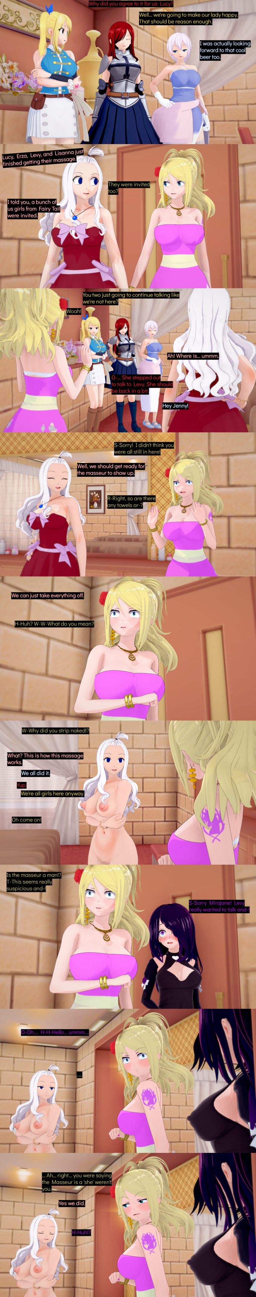 absurdres aware black_eyes black_hair blonde_hair blue_eyes blush breasts censored closed_eyes clothed cyanstargazer dialogue english_text erza_scarlet fairy_tail female_only femdom femsub hair_covering_one_eye jenny_realight lisanna_strauss long_hair lucy_heartfilia mirajane_strauss multicolored_eyes multiple_girls multiple_subs nipples nude purple_eyes pussy red_hair short_hair sisters text white_hair