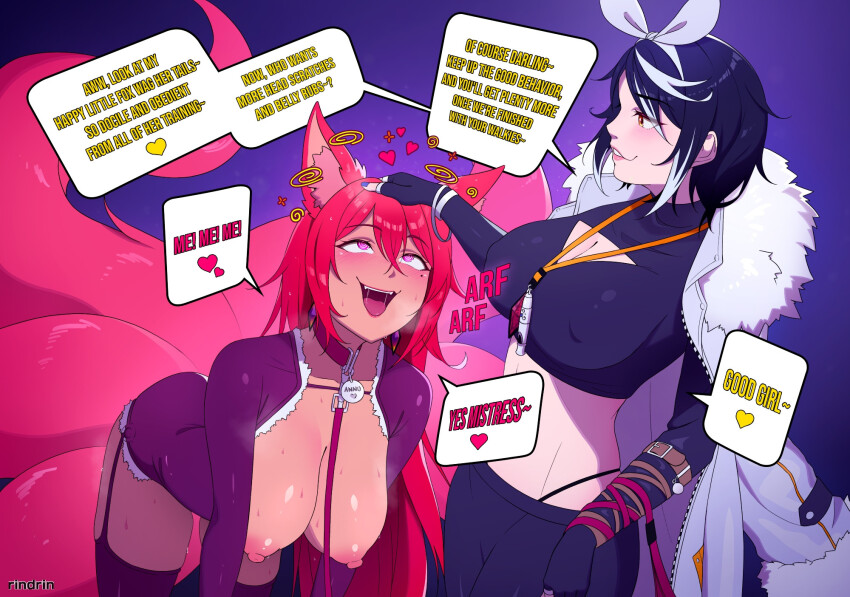 all_fours animal_ears anno_(anno) black_hair bracelet breasts clothed_exposure coat collar crop_top drool female_only femdom femsub fingerless_gloves fox_ears fox_girl fox_tail gloves happy_trance heart kitsune_girl large_breasts leash long_hair natasha_hinoa_(anno) original pants pet_play petting pink_eyes red_hair ribbon rind_rin00 simple_background spiral spiral_eyes sweat symbol_in_eyes tagme text