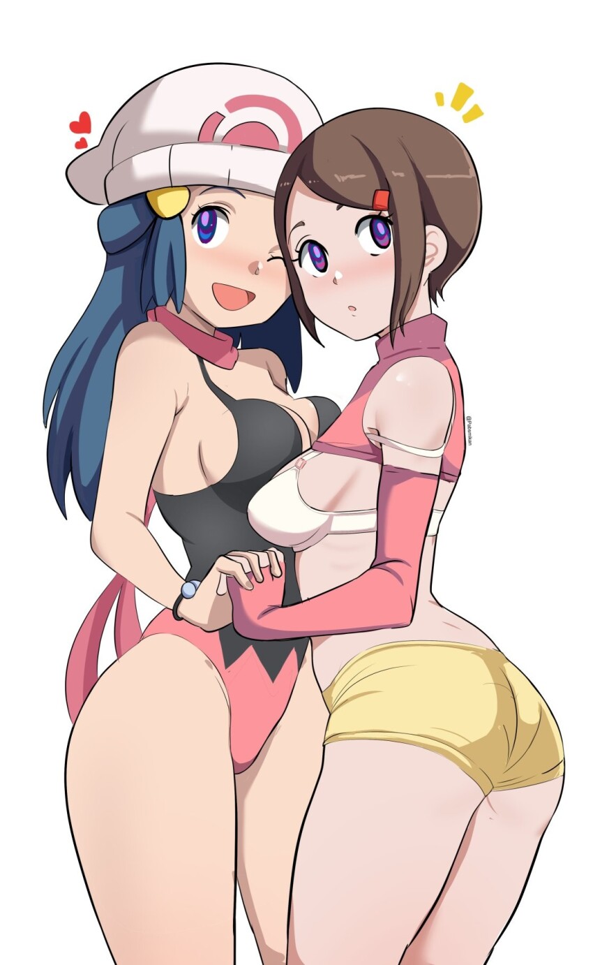 bare_legs blue_hair bra bracelet brown_hair crossover dawn digimon female_only femsub fingerless_gloves hat heart holding_hands kari_kamiya leotard long_hair manip master226_(manipper) multiple_girls multiple_subs nintendo one_eye_open pabsmikan panties pokemon purple_eyes scarf short_hair shorts simple_background spiral_eyes standing symbol_in_eyes underwear white_background