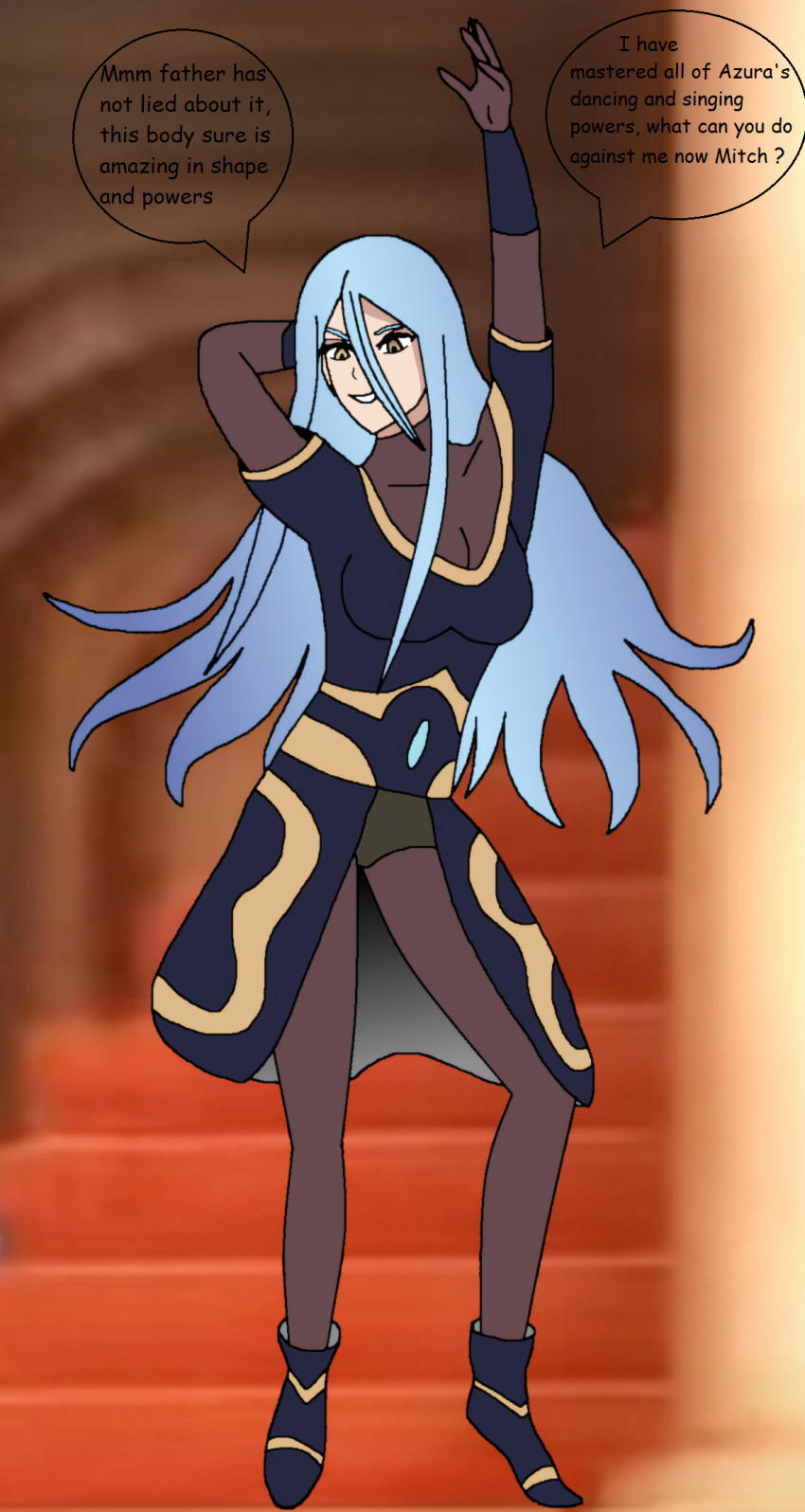 alternate_costume arms_above_head azura blue_hair breasts cleavage corruption dialogue english_text evil_smile femsub fire_emblem fire_emblem_fates happy_trance long_hair maledom myriarock nintendo nobunaga_(myriarock) original possession smile speech_bubble standing text yellow_eyes