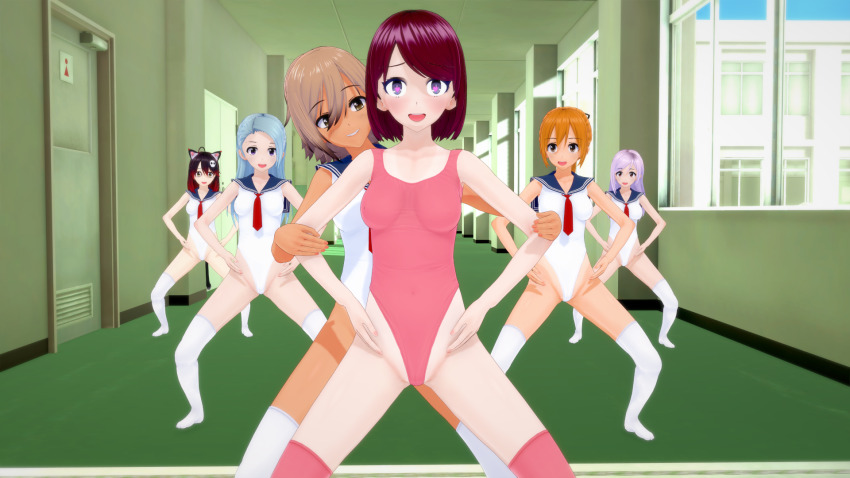 3d body_control femdom femsub haigure haigure_ayami haigure_ayami_(artist) happy_trance heart_eyes leotard multiple_girls multiple_subs original school_uniform swimsuit