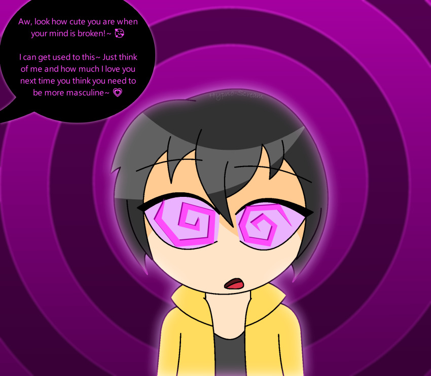 black_hair eyebrows_visible_through_hair femboy femdom hypnoscream jacket looking_at_viewer malesub open_mouth original pink_eyes pink_sclera pov_dom shiny_hair speech_bubble spiral_background spiral_eyes surprised text turskit_(pantsahat) yellow_jacket_(pantsahat)