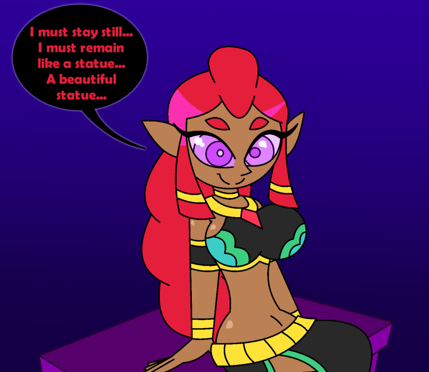 aged_up blue_background breasts breath_of_the_wild clothed dark_skin dialogue english_text eye_color_change female_only femsub gerudo happy_trance hypnoscream makeela_riju midriff navel nintendo purple_eyes red_hair simple_background sitting smile solo speech_bubble tears_of_the_kingdom text the_legend_of_zelda very_long_hair