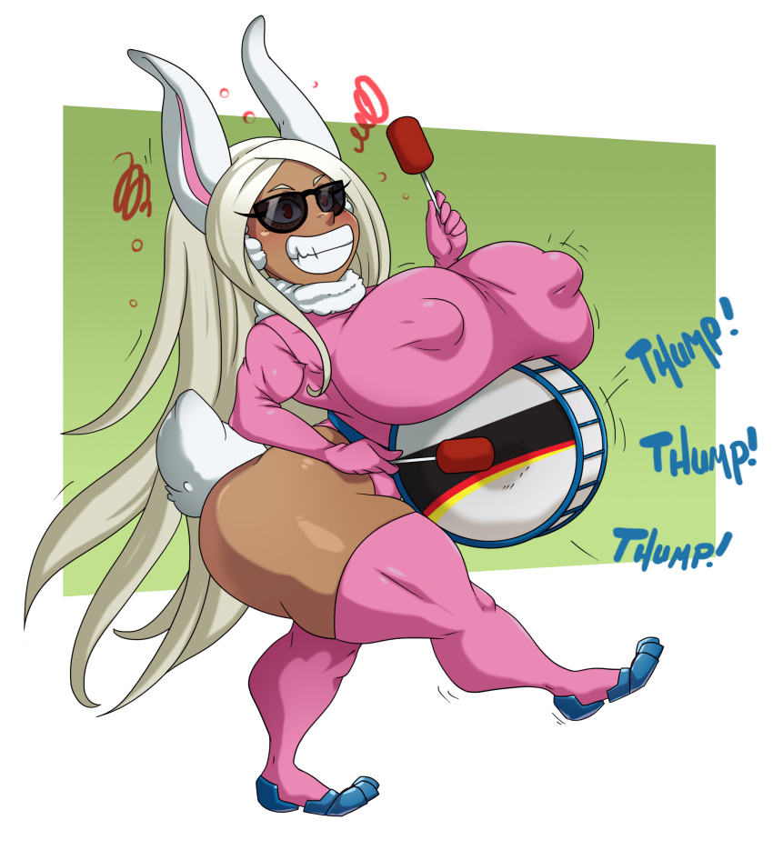 bunny_girl color dark_skin drum english_text erect_nipples_under_clothes happy_trance huge_breasts leotard my_hero_academia parody rumi_usagiyama shortstack simple_background smile spiral spiralingstaircase standing sunglasses text thick_thighs thighhighs very_long_hair white_hair