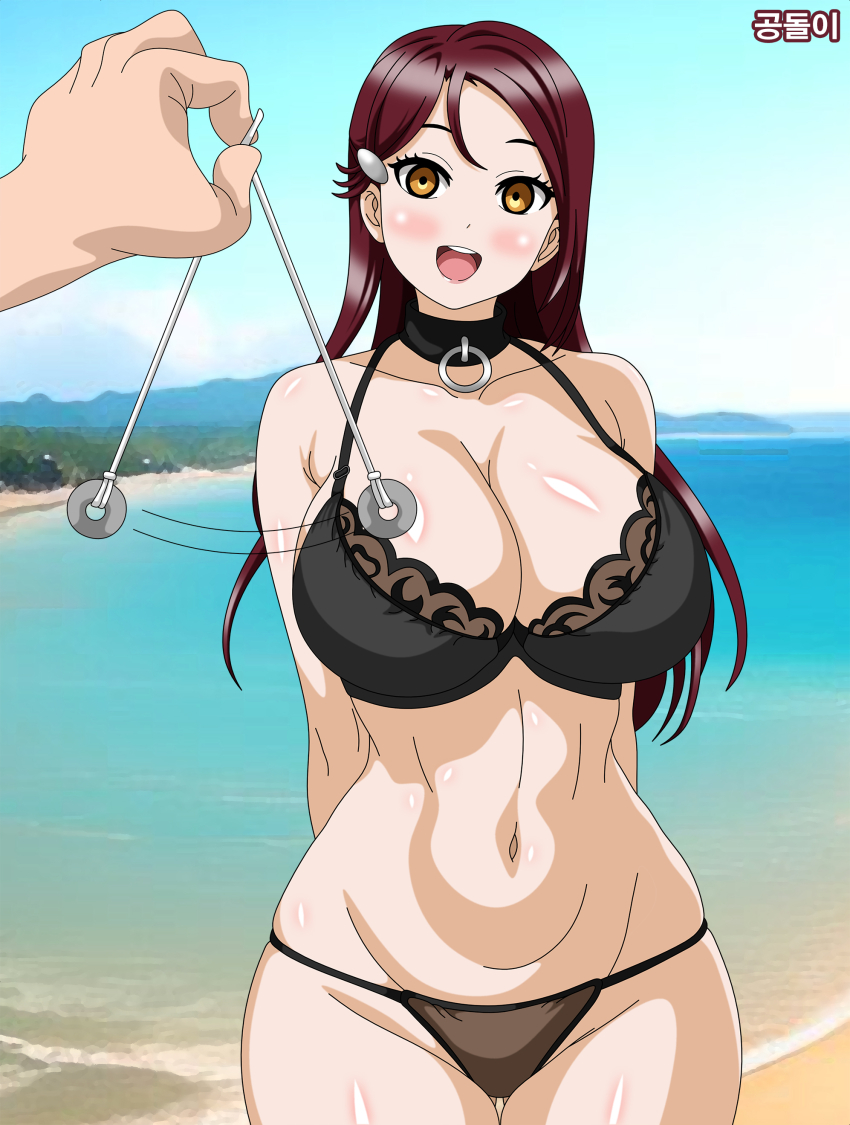 absurdres beach blush coin collar empty_eyes femsub gondol-i hair_ornament happy_trance lace long_hair love_live! love_live!_sunshine!! midriff navel pendulum red_hair riko_sakurauchi signature smile swimsuit tagme thigh_gap thighs yellow_eyes