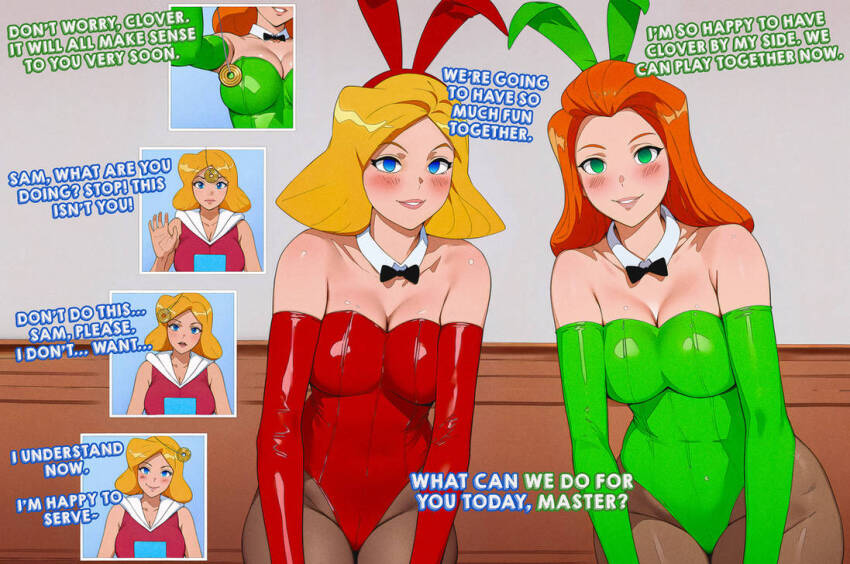 absurdres ai_art arms_behind_back bare_shoulders before_and_after blonde_hair blush bodysuit bow_tie breasts bunny_ears bunny_girl bunnysuit clover coin collarbone dialogue empty_eyes english_text fake_animal_ears female_only femsub gloves green_eyes hypnotized_hypnotist ivatent light_skin long_hair looking_at_viewer multiple_girls multiple_subs multiple_views nipples open_mouth opera_gloves orange_hair pantyhose pendulum resisting restrained sam short_hair shrunken_irises smile text totally_spies