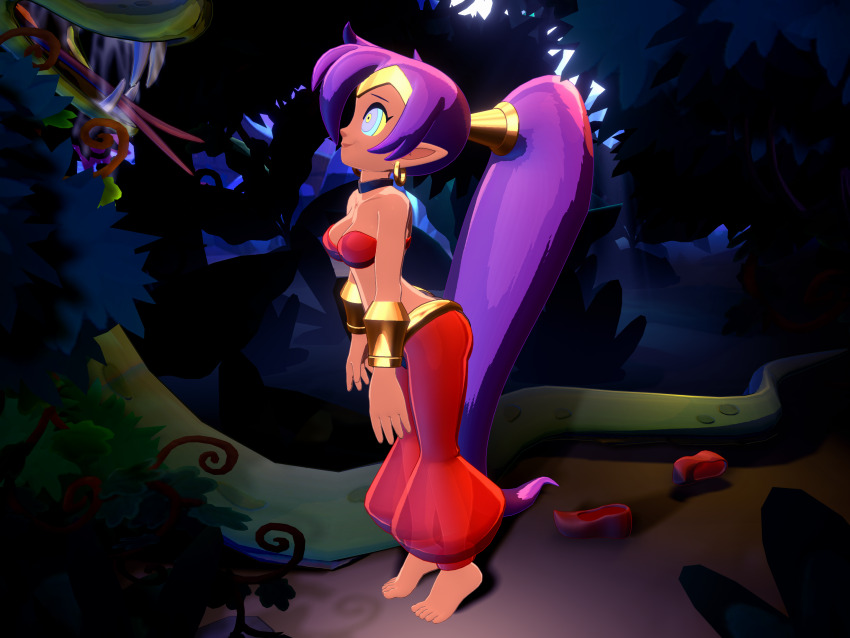 3d barefoot bikini_top bracelet drool earrings elf_ears feet femsub forked_tongue happy_trance harem_outfit kaa_eyes leaning_forward navel onmodel3d open_mouth outdoors ponytail purple_hair shantae shantae_(series) smile snake very_long_hair wayforward