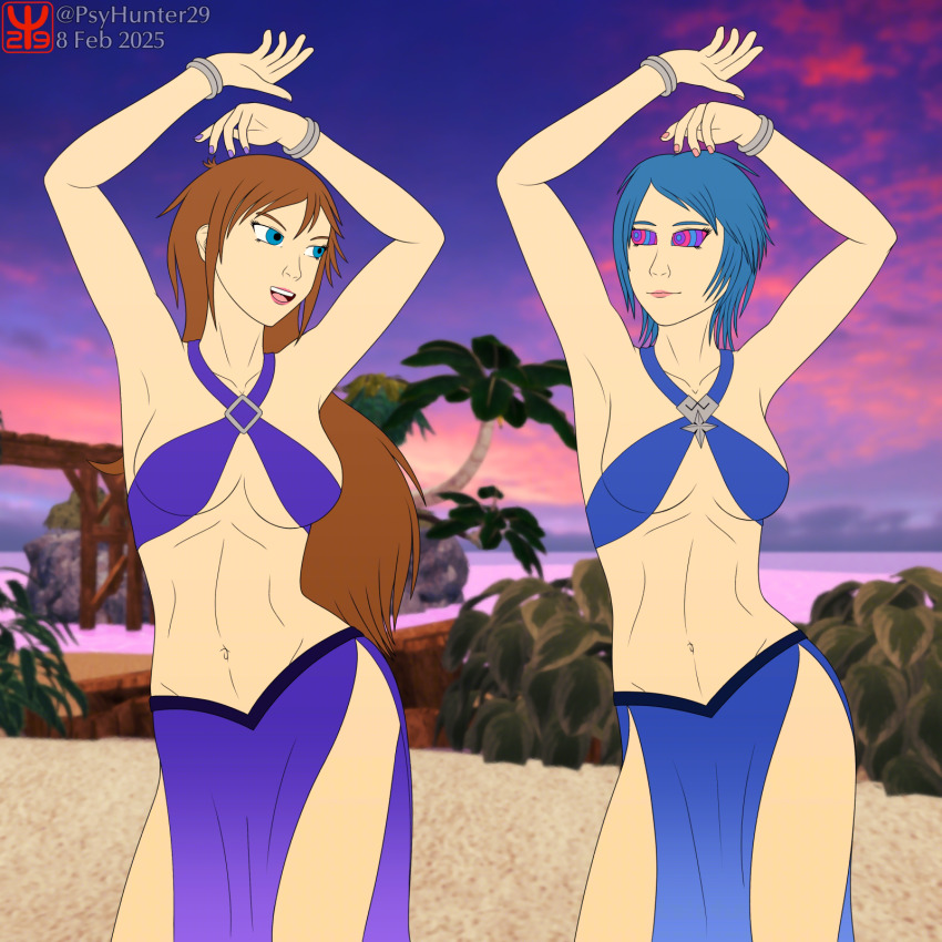 aqua_(kingdom_hearts) armpits arms_above_head bare_legs beach blue_eyes blue_hair bracelet brown_hair collarbone complex_background dancer dancing emblem female_only femdom femsub happy_trance harem_outfit jewelry kaa_eyes kingdom_hearts legs long_hair nail_polish navel open_mouth original outdoors setchia_xine_(hypnoscream) short_hair side_slits sideboob smile spyhunter29 underboob wrist_band