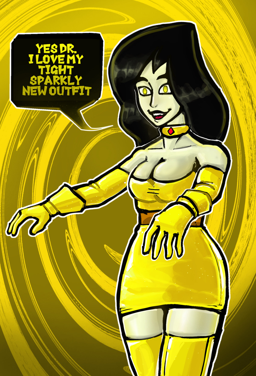 absurdres bare_legs belt black_hair breasts cleavage collar collarbone dialogue dress empty_eyes female_only femsub gloves glowing green_skin happy_trance hypnotic_accessory kim_possible_(series) latex long_hair mamacossauro open_mouth shego simple_background smile solo speech_bubble spiral_background standing text yellow_eyes zombie_walk