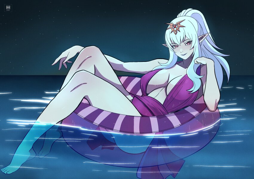 alternate_costume bare_legs bare_shoulders barefoot breasts corruption dragon_girl elf_ears eye_color_change feet femsub fire_emblem fire_emblem_awakening floating grima_(fire_emblem_awakening) hair_color_change happy_trance ihsnet large_breasts legs lipstick makeup night nintendo outdoors ponytail possession red_eyes smile swimsuit thighs tiki_(fire_emblem) water white_hair