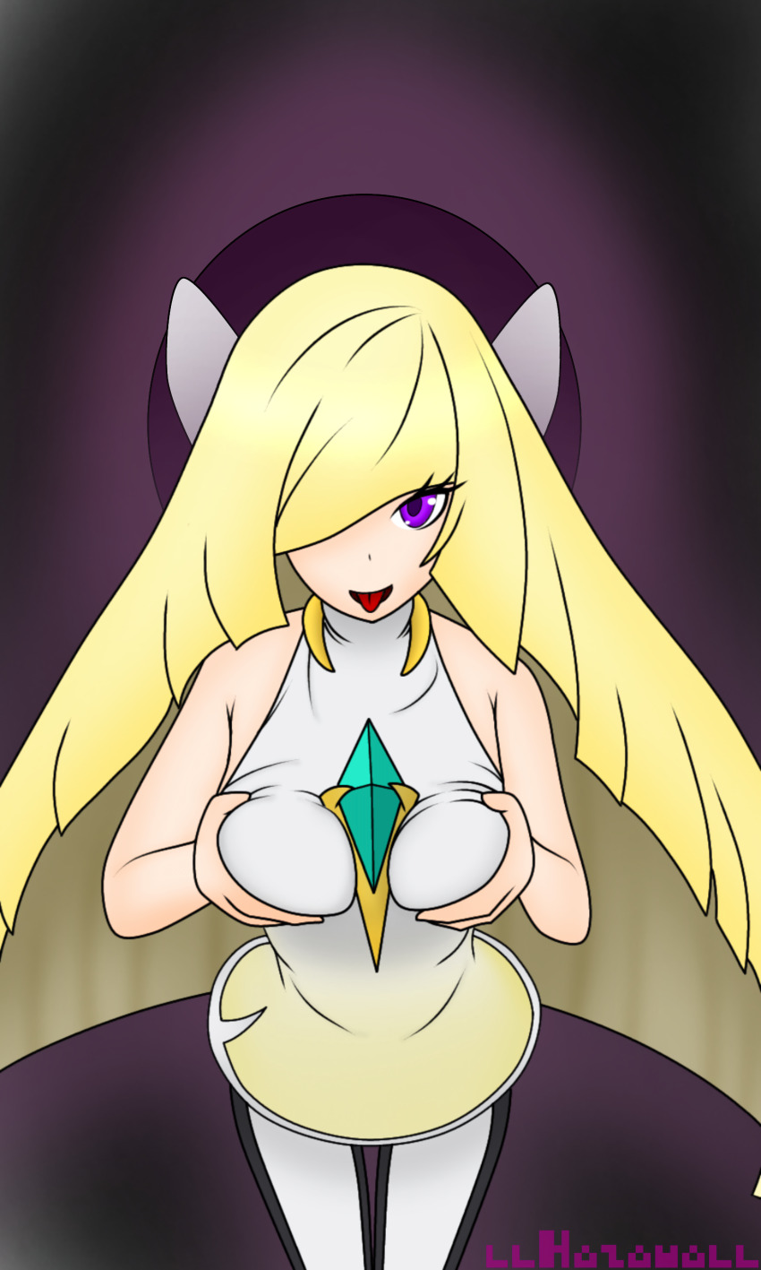 androgynous_dom aura bare_shoulders blonde_hair breast_fondling breast_grab breasts dress english_text femsub gastly happy_trance hazama holding_breasts long_hair looking_at_viewer lusamine nintendo pokemon pokemon_(creature) pokemon_sun_and_moon possession purple_eyes smile standing text tongue tongue_out