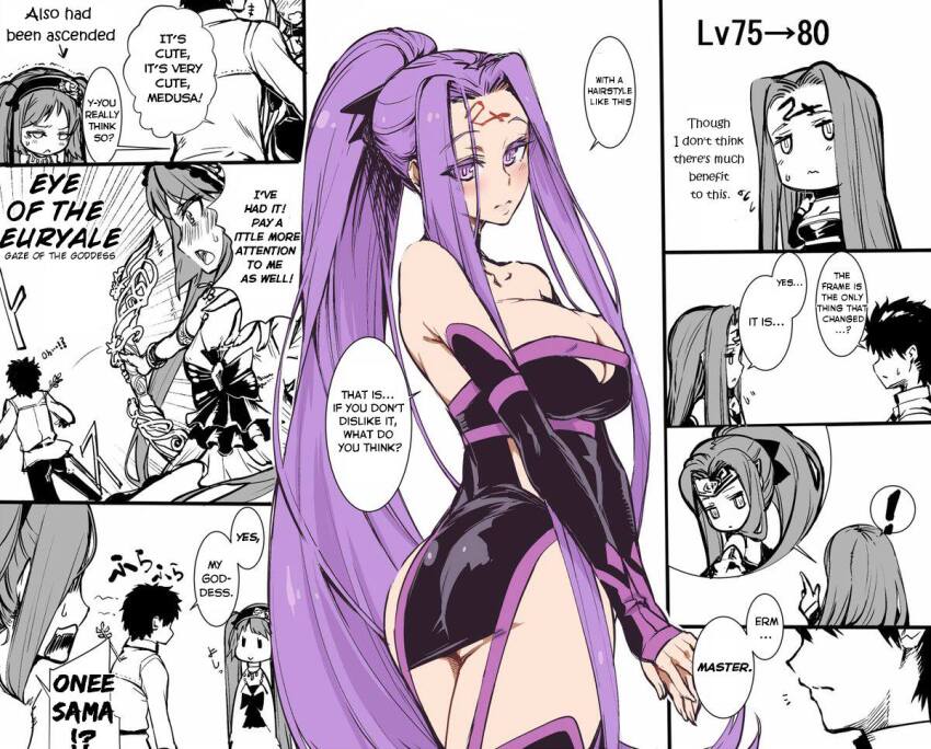 akinaie angry arrow ass bare_shoulders blush bow_(weapon) breasts charm_(spell) cleavage cleavage_cutout clothed clothed_exposure comic dialogue english_text euryale_(fate) eyebrows_visible_through_hair fate/grand_order fate_(series) femdom gameplay_mechanics gloves goddess hard_translated headband humor hypnotic_eyes hypnotic_magic large_breasts legs long_hair looking_at_viewer looking_back malesub medusa_(fate) medusa_(lancer)_(fate) medusa_(rider)_(fate) multiple_girls netorare opera_gloves ponytail purple_eyes purple_hair ribbon right_to_left ritsuka_fujimaru_(male) simple_background sisters speech_bubble sweat tattoo text translated trembling twintails very_long_hair white_background