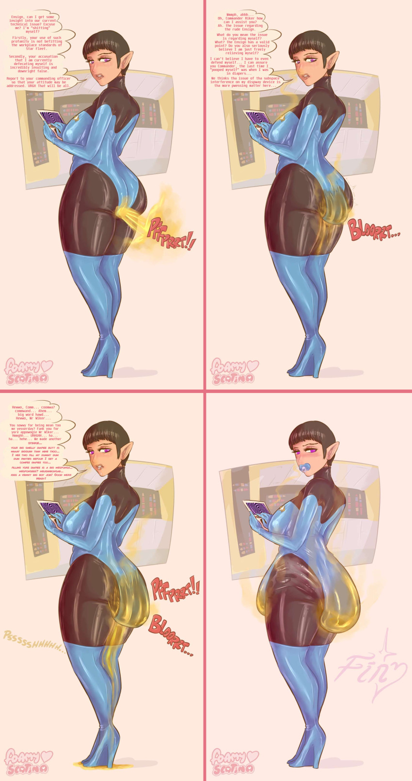 age_regression blush bodysuit comic diaper drool elf_ears fart femsub high_heels hypnotic_screen large_ass latex looking_back manip pacifier scat scatina_(artist) selar short_hair sleepyhead97_(manipper) spiral spiral_eyes star_trek_the_next_generation text unaware urination vulcan