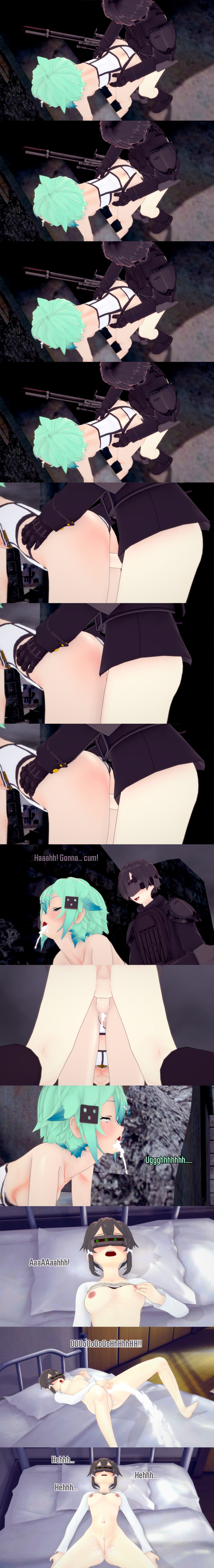 absurdres bent_over black_hair breasts cum cum_in_mouth dialogue empty_eyes english_text expressionless eye_roll femsub green_eyes green_hair maledom masturbation nipples nude orgasm pussy sex shino_asada short_hair sword_art_online text vaginal zenin1