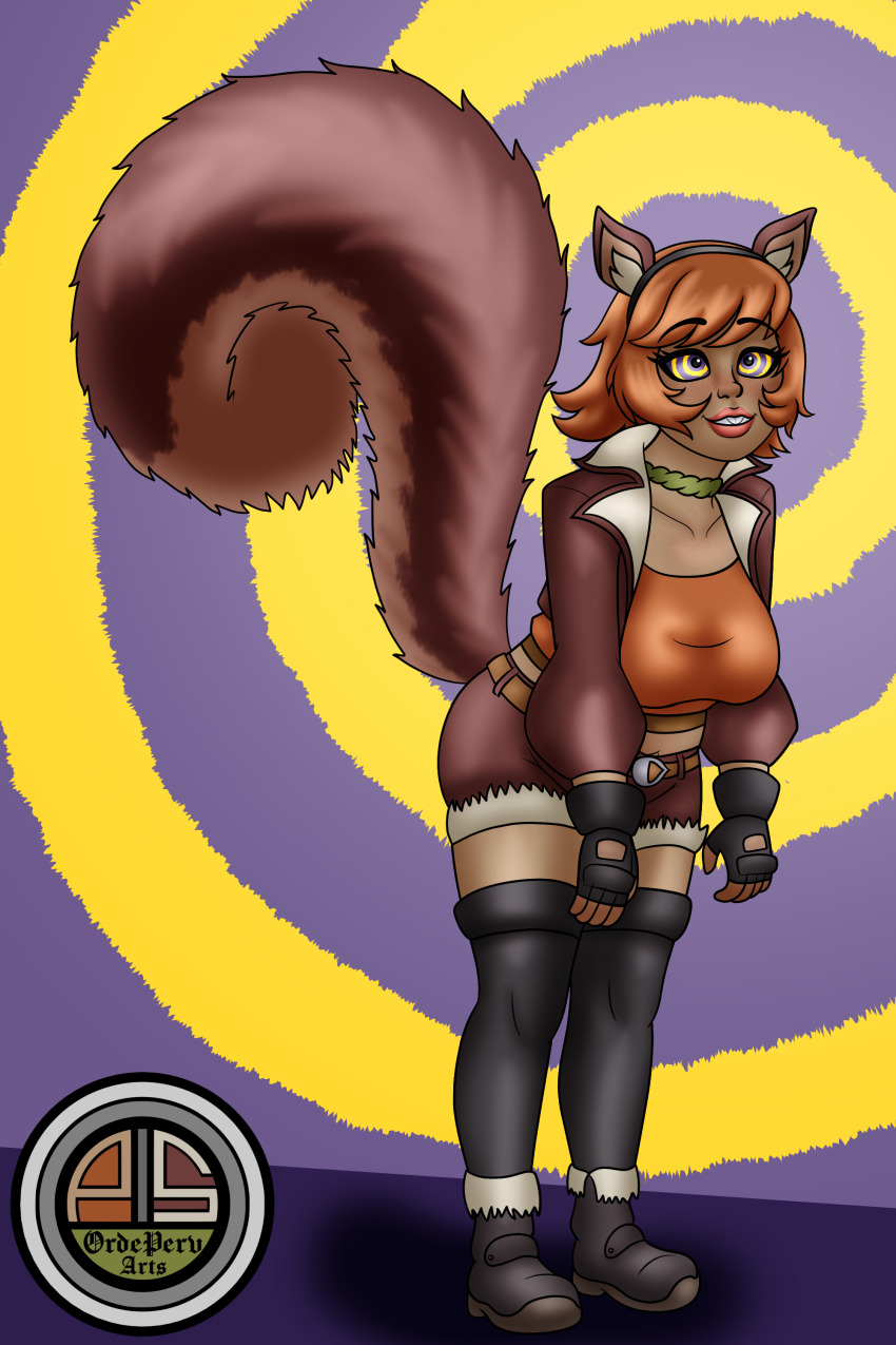 animal_ears bangs chubby eyebrows_visible_through_hair femsub fingerless_gloves happy_trance headband jacket leggings lipstick marvel_comics marvel_rivals orange_hair ordeper_arts ring_eyes shoes short_hair shorts signature spiral_background squirrel_girl_(marvel) tail